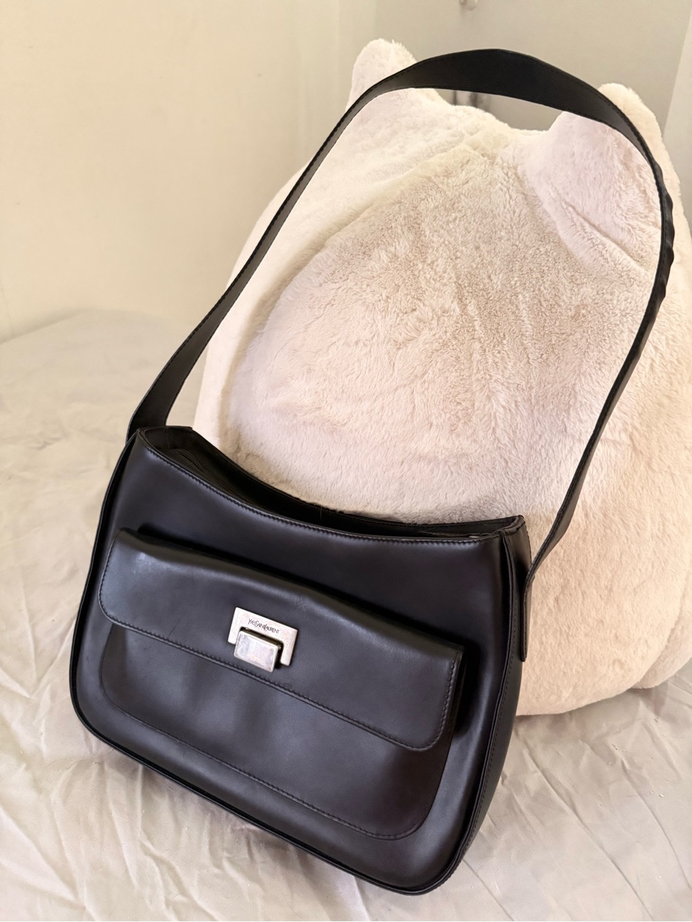 YSL Classic Black Shoulder Bag with Front Flap